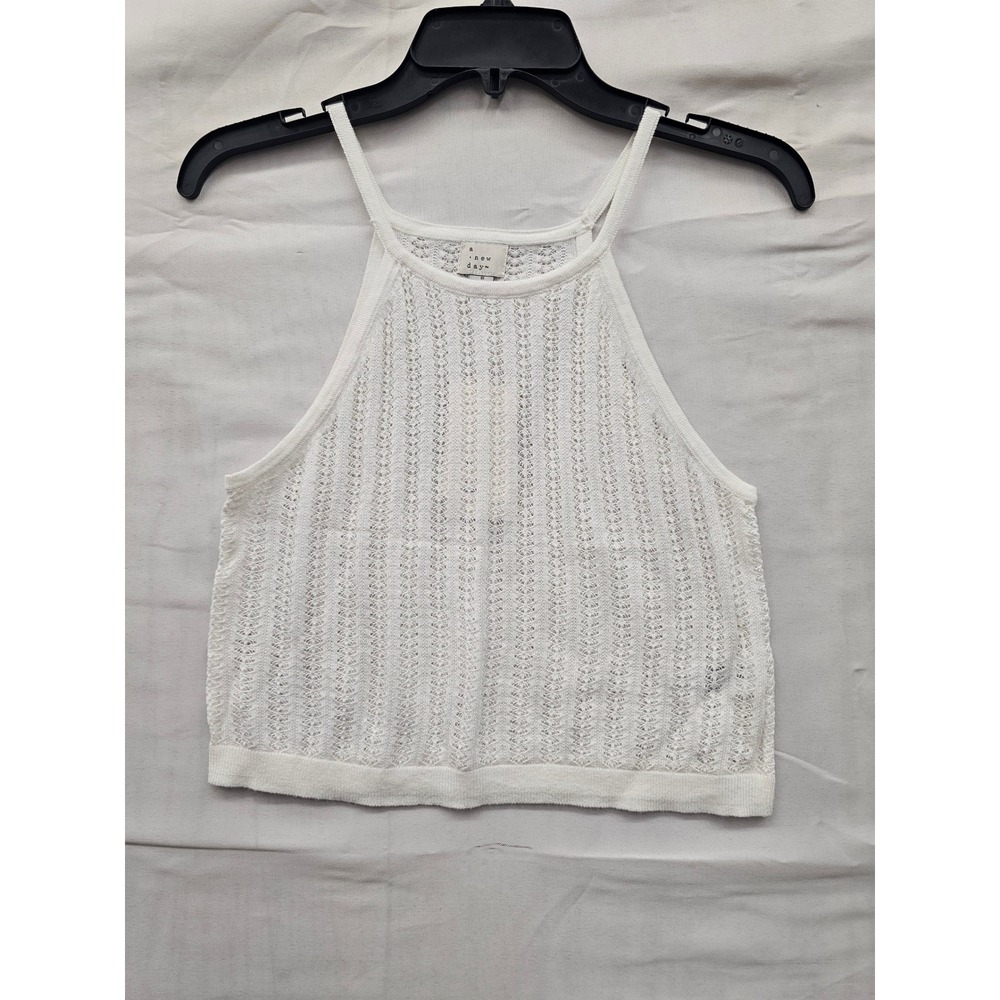 A New Day Womens Halter Tank Top White Cotton Blend‎ Casual Size Small